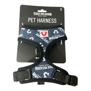 True Religion Pet Harness Dog Size S Blue NWT Denim Logo Print Adjustable